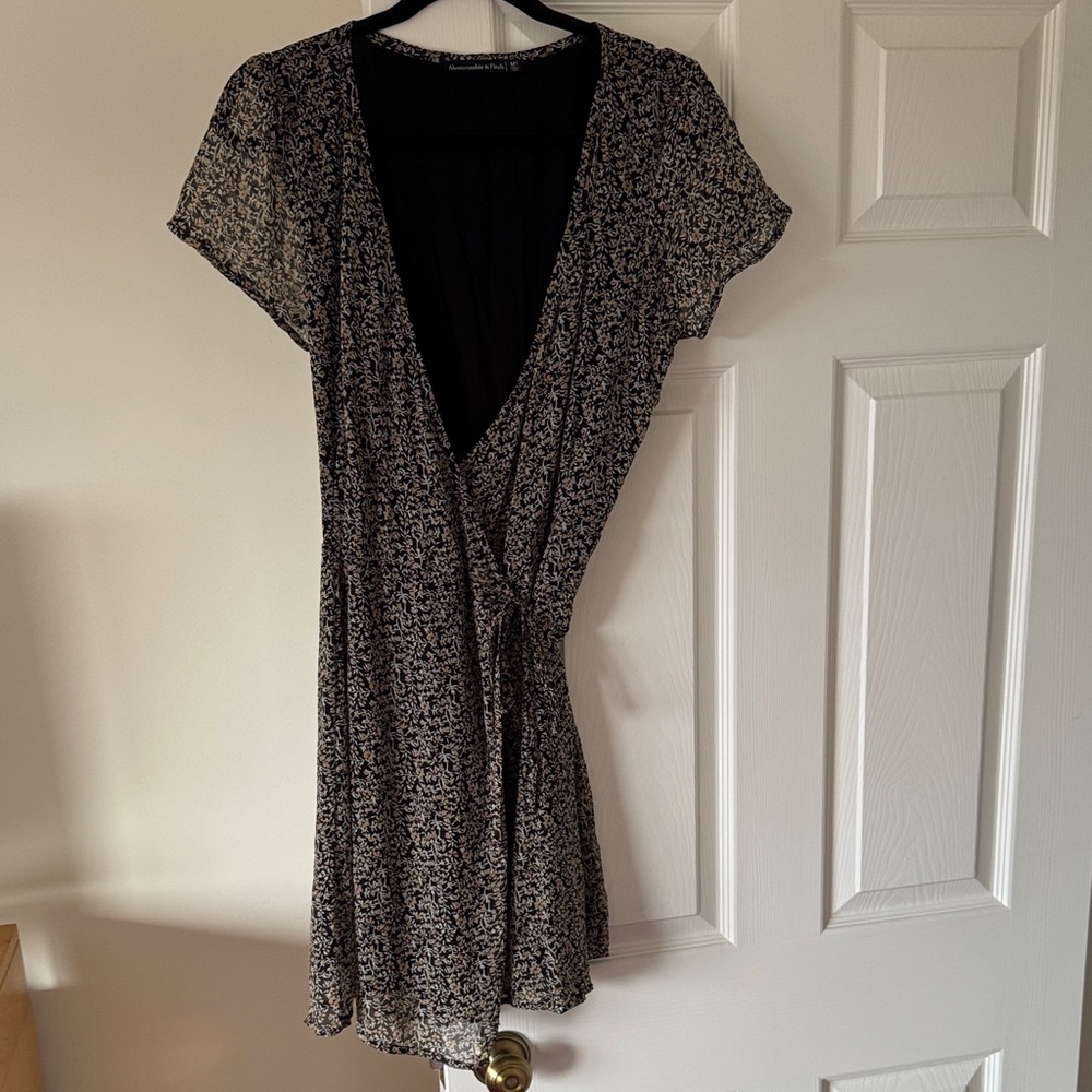 Abercrombie & Fitch Black Mini Wrap Dress with Cream Floral Print